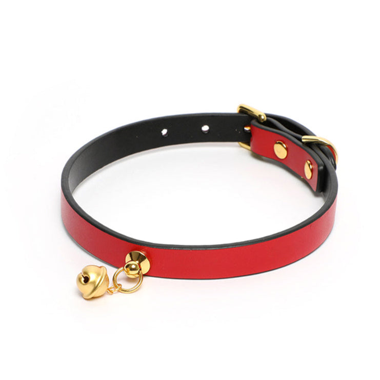 Minimalist Cowhide Leather BDSM Collar with Sterling Silver Bell and Leash Black&Red