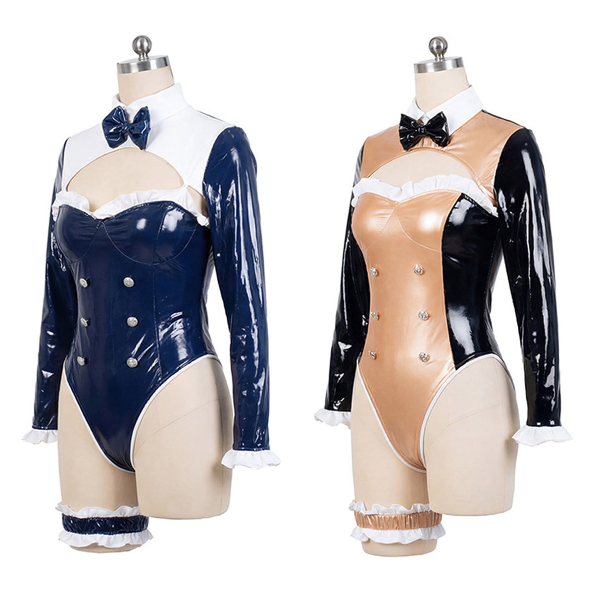 Luxury Enamel Bunny Girl High-Leg Long Sleeve Bodysuit Costume Navy Blue/Champagne Gold