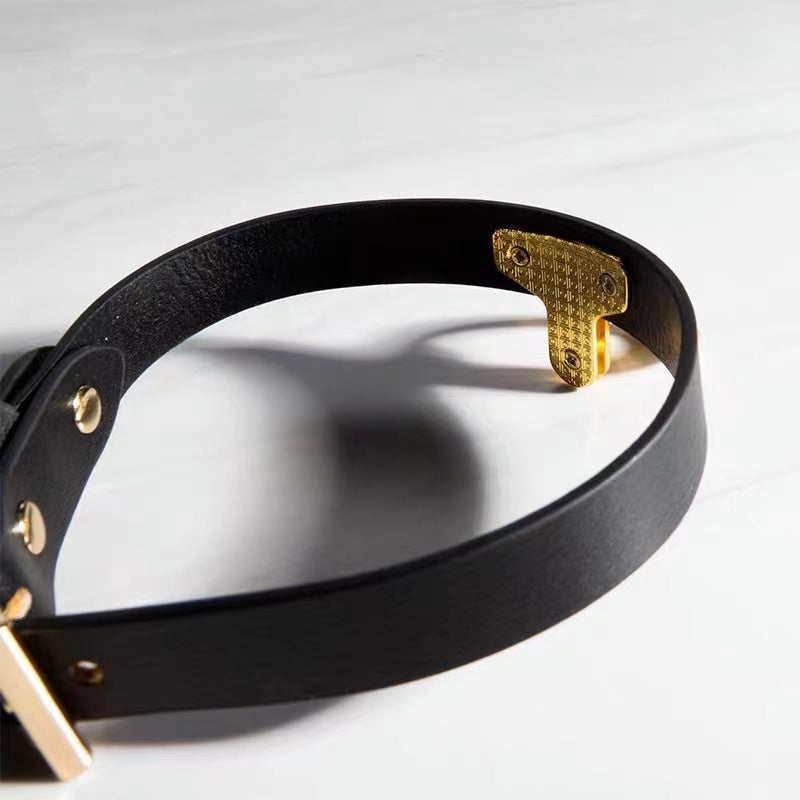 Luxurious Gold O-Ring Leather Bondage Collar with Leash