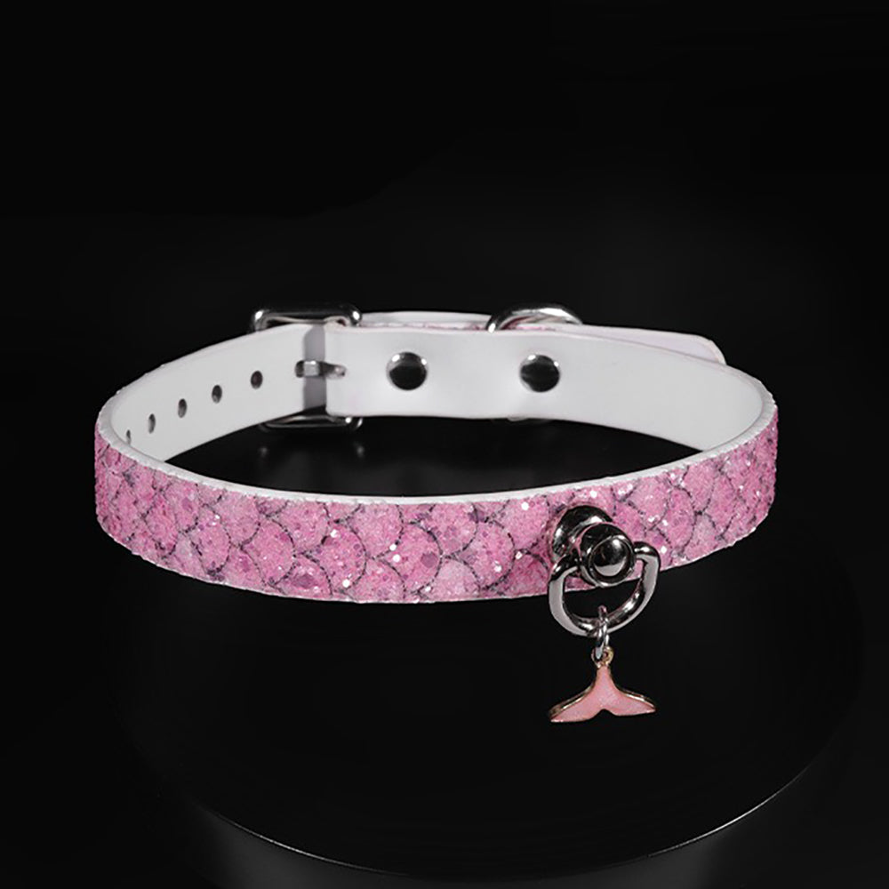 Luxury Mermaid Glow Genuine Leather BDSM Collar with Leash Pink