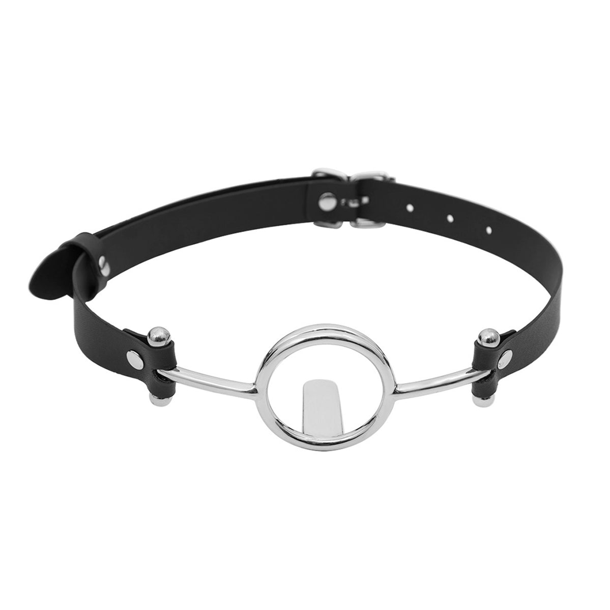 Close-up of metal O-ring tongue depressor gag with black premium vegan leather straps for oral bondage and deepthroat training by Sexy Maker.