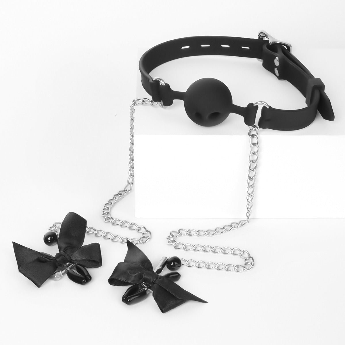Breathable Mouth Gag with Ribbon Nipple Clamps 3.8cm/4.5cm/4.8cm