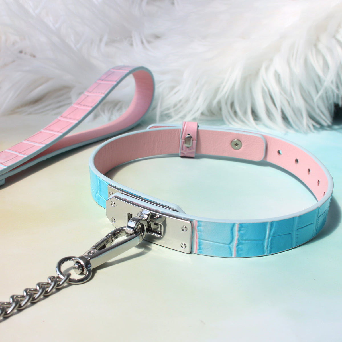 Blue-Pink Gradient Genuine Leather Restraint Collar with Lead