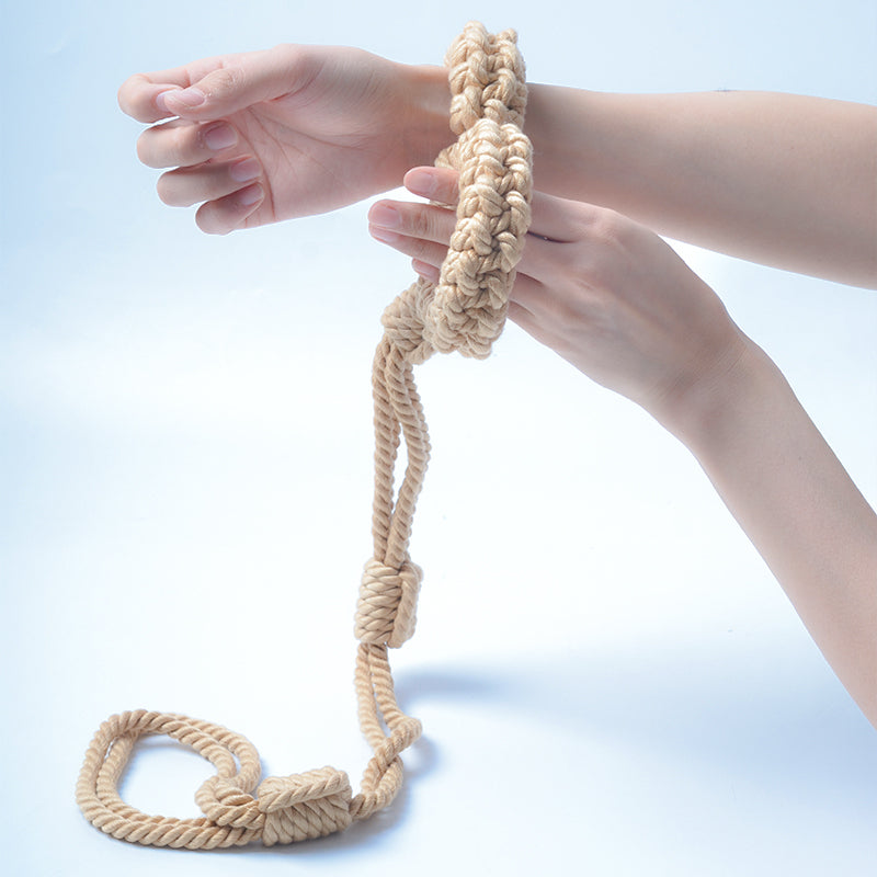 Soft Cotton Rope Bondage Wrist Cuffs with Leash Beige