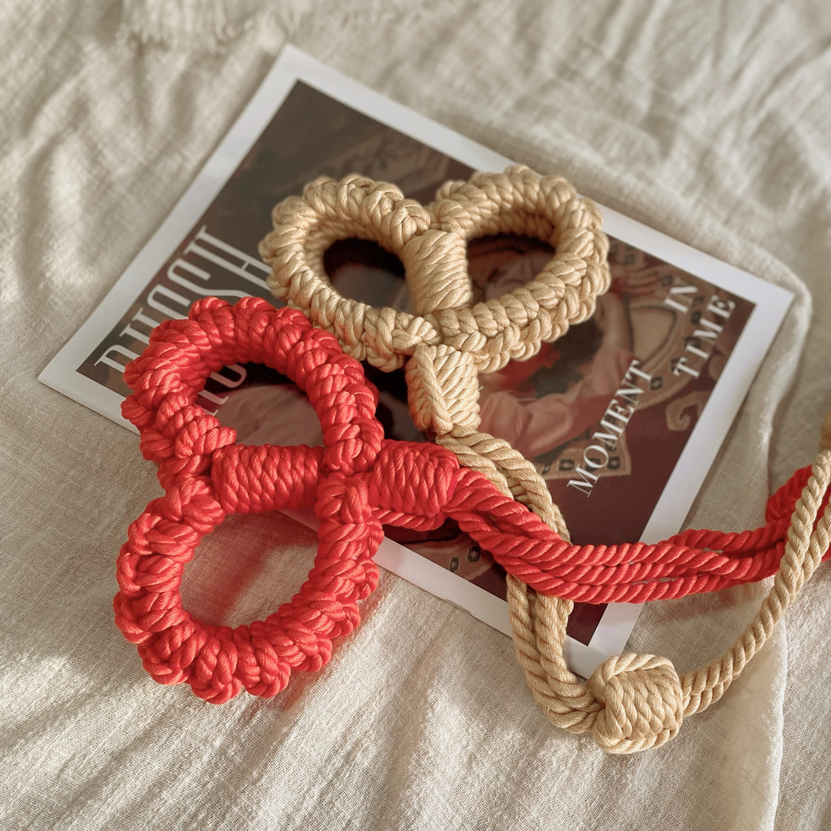 Soft Cotton Rope Bondage Wrist Cuffs with Leash Red