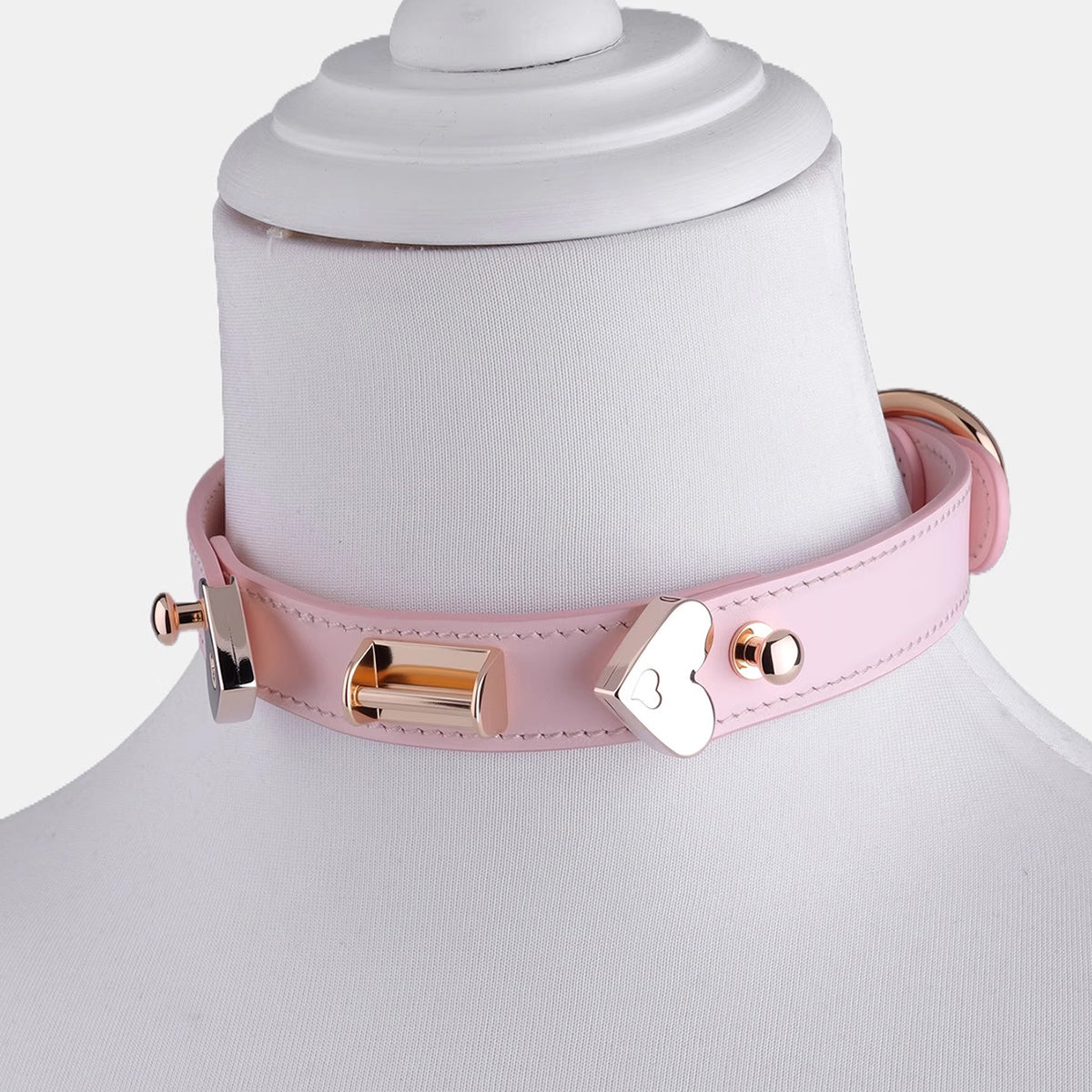 Blushing Devotion - Light Pink Leather Heart Hardware Collar & Leash Set