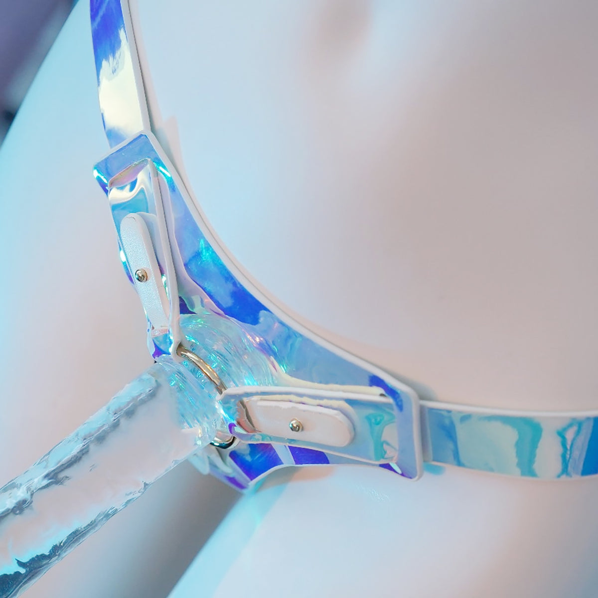 Stunning Aurora Blue PU Leather Strap on Harness with Clear Silicone Dildo