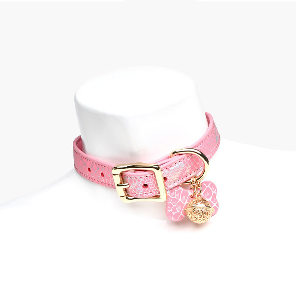 Seductive Dog Bone Charm BDSM Collar with Bell & Leash Pink/Black