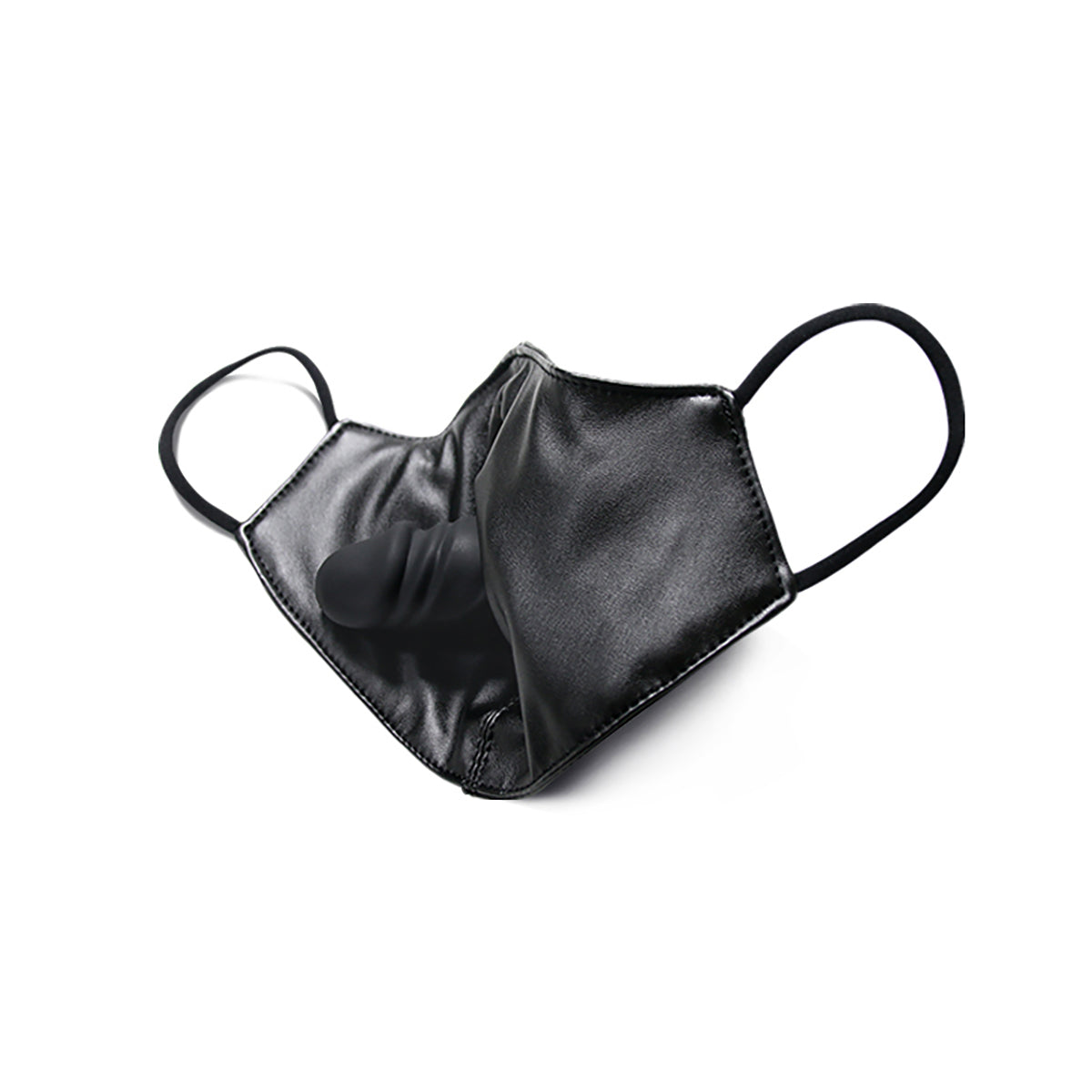 Black vegan leather fashion face mask with a hidden built-in silicone dildo gag for discreet public BDSM play by Sexy Maker.