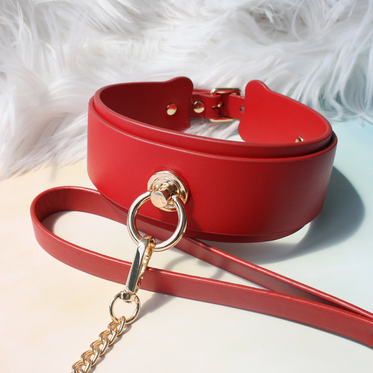 Crazy Wild Thick Cowhide Leather Bondage Collar with Leash Red/Black