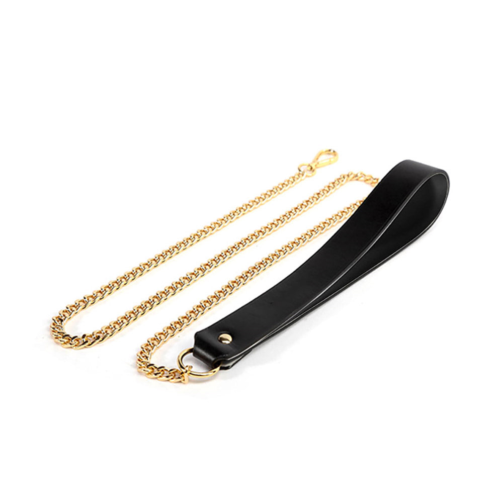 Luxurious Gold O-Ring Leather Bondage Collar with Leash