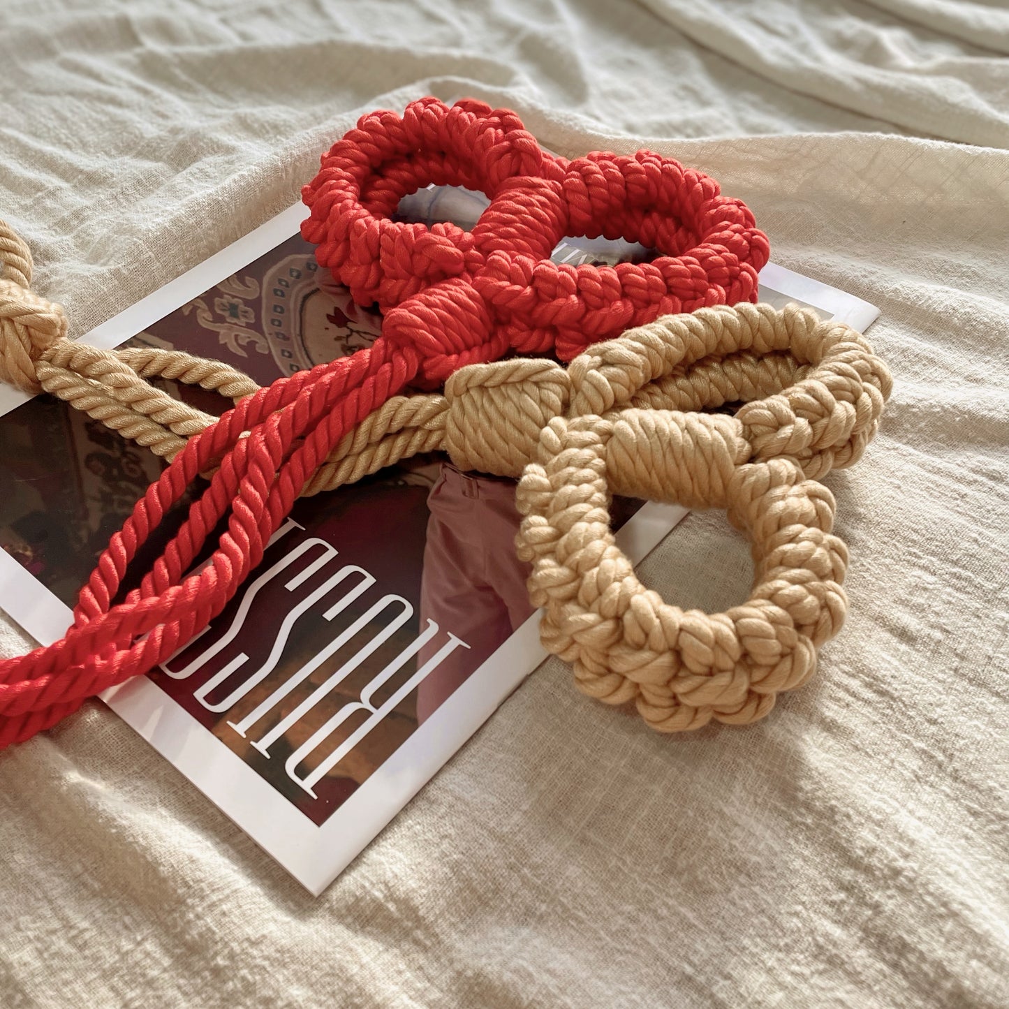Soft Cotton Rope Bondage Wrist Cuffs with Leash Red