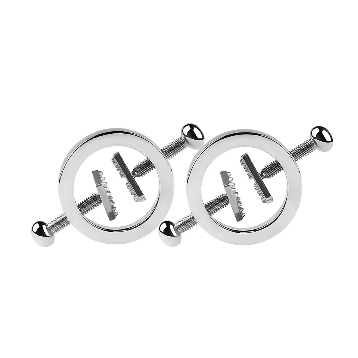 Close-up of heavy-duty screw-plate metal nipple clamps with adjustable pressure mechanism for professional BDSM play by Sexy Maker.