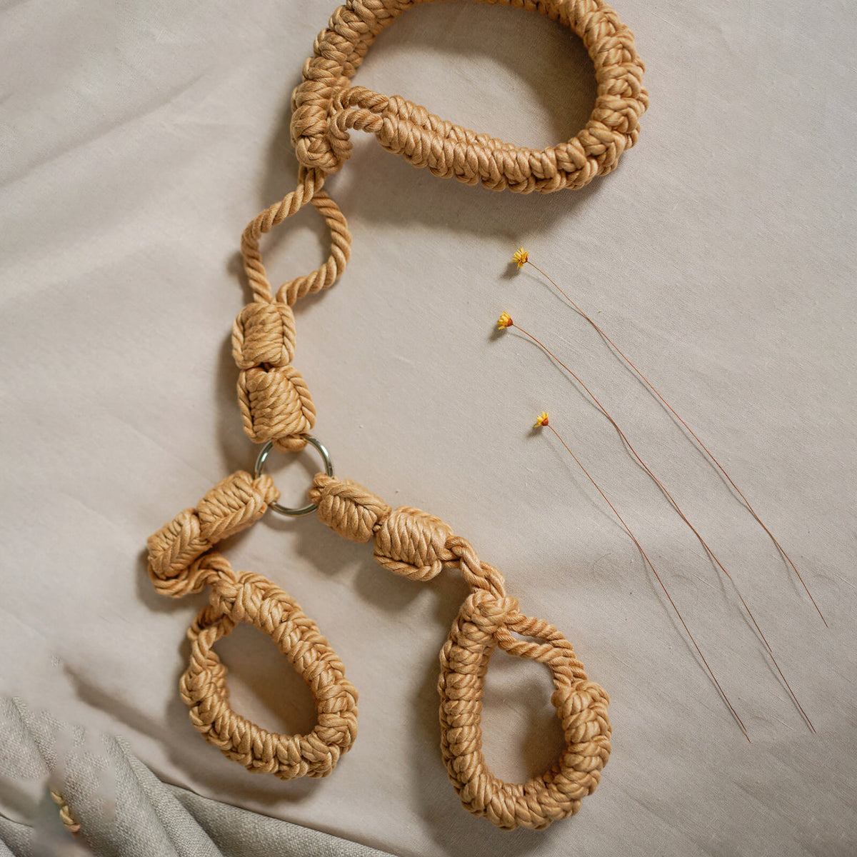 Hand-Woven Cotton Rope Neck to Wrist Restraint - Beige