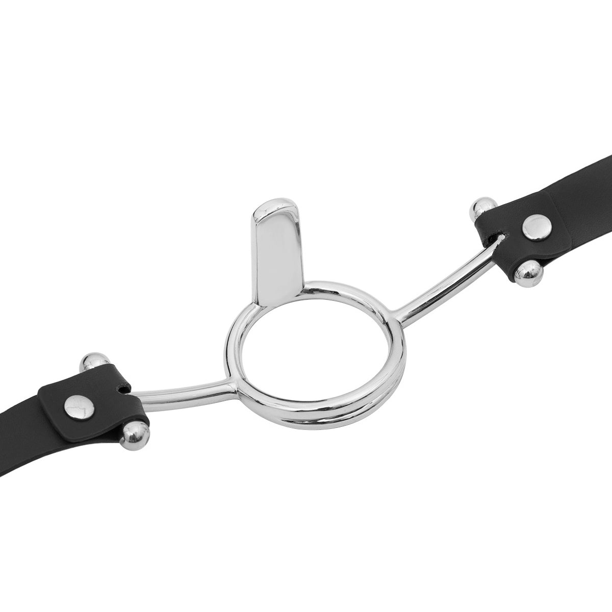 Close-up of metal O-ring tongue depressor gag with black premium vegan leather straps for oral bondage and deepthroat training by Sexy Maker.