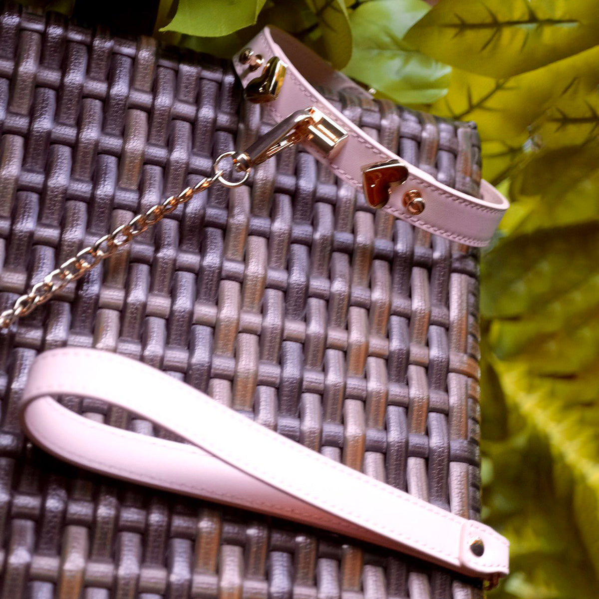 Close-up of gold heart-shaped hardware on light pink leather day collar