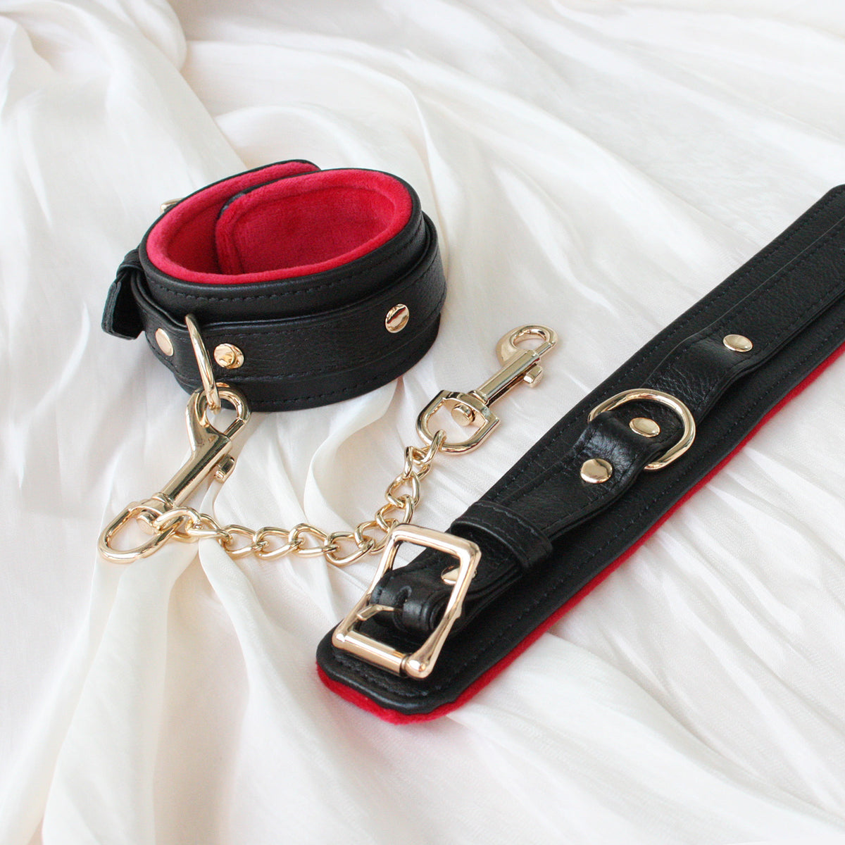 Premium Genuine Leather Wrist Cuffs with Soft Velvet Lining – Black & Red