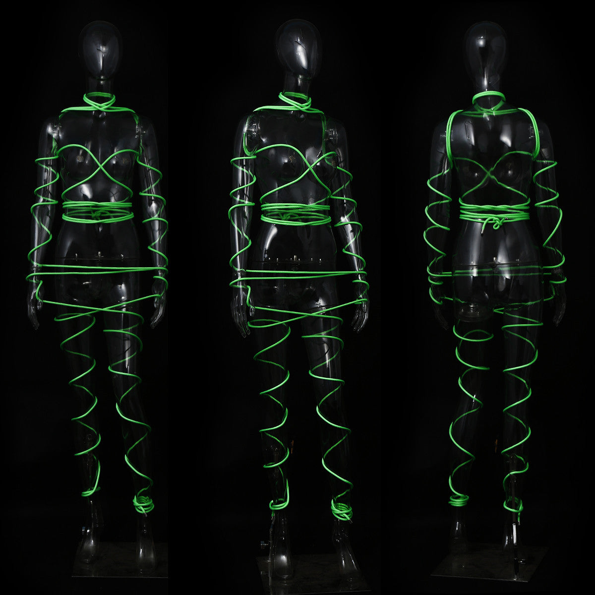 Close-up of neon green UV reactive Shibari bondage rope glowing brightly under blacklight for sensory rope play by Sexy Maker.