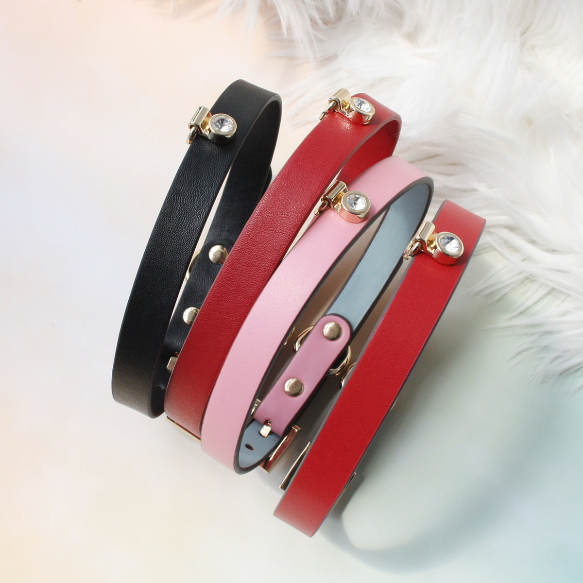 Handmade Shining Stone BDSM Leather Bondage Choker with Leash 4-colors