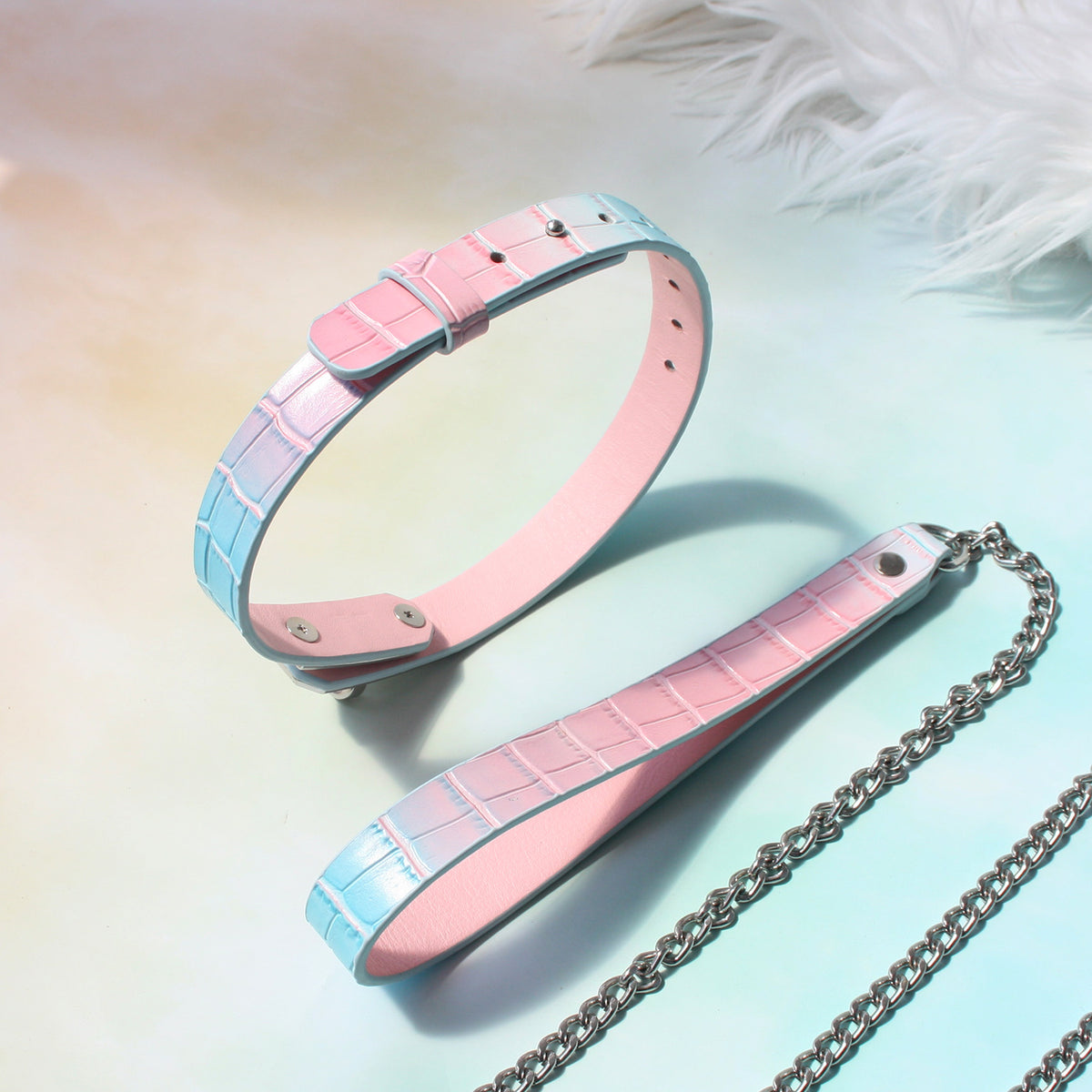 Blue-Pink Gradient Genuine Leather Restraint Collar with Lead