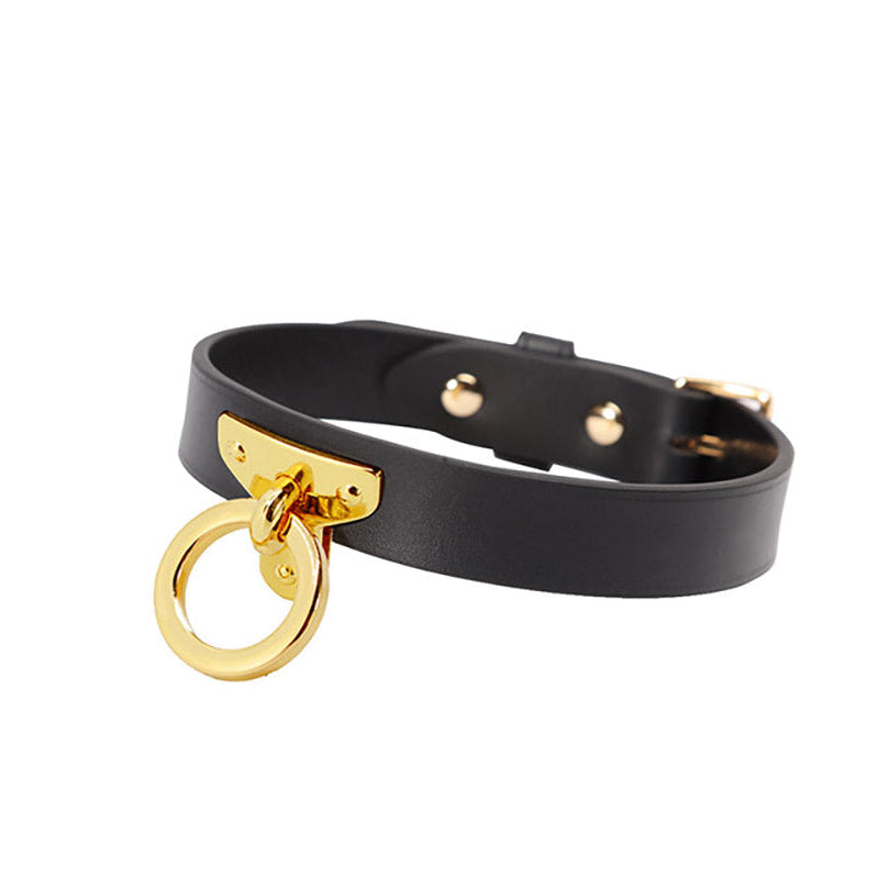 Luxurious Gold O-Ring Leather Bondage Collar with Leash