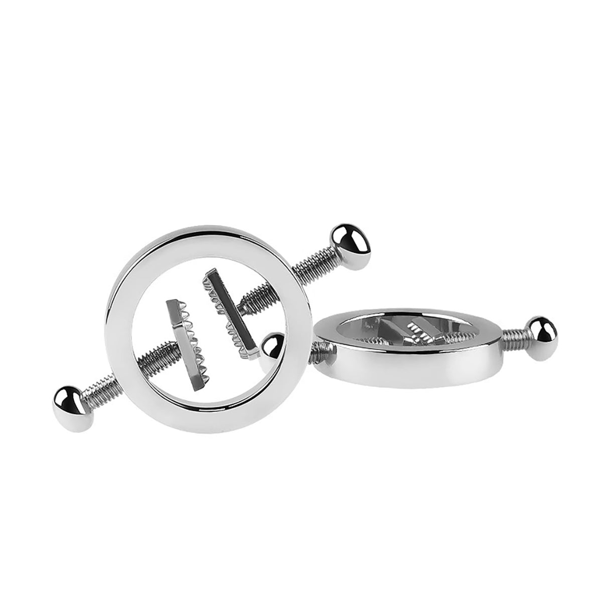 Close-up of heavy-duty screw-plate metal nipple clamps with adjustable pressure mechanism for professional BDSM play by Sexy Maker.