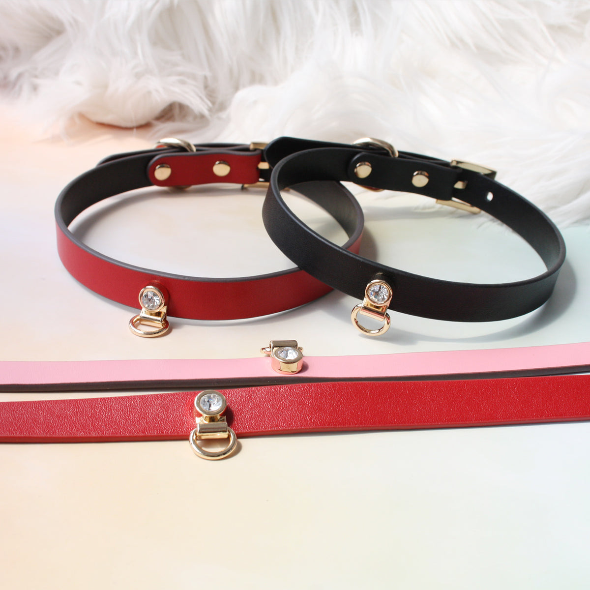 Handmade Shining Stone BDSM Leather Bondage Choker with Leash 4-colors