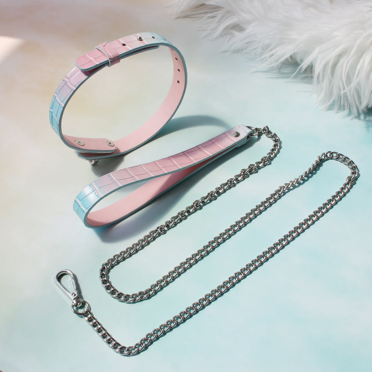 Blue-Pink Gradient Genuine Leather Restraint Collar with Lead