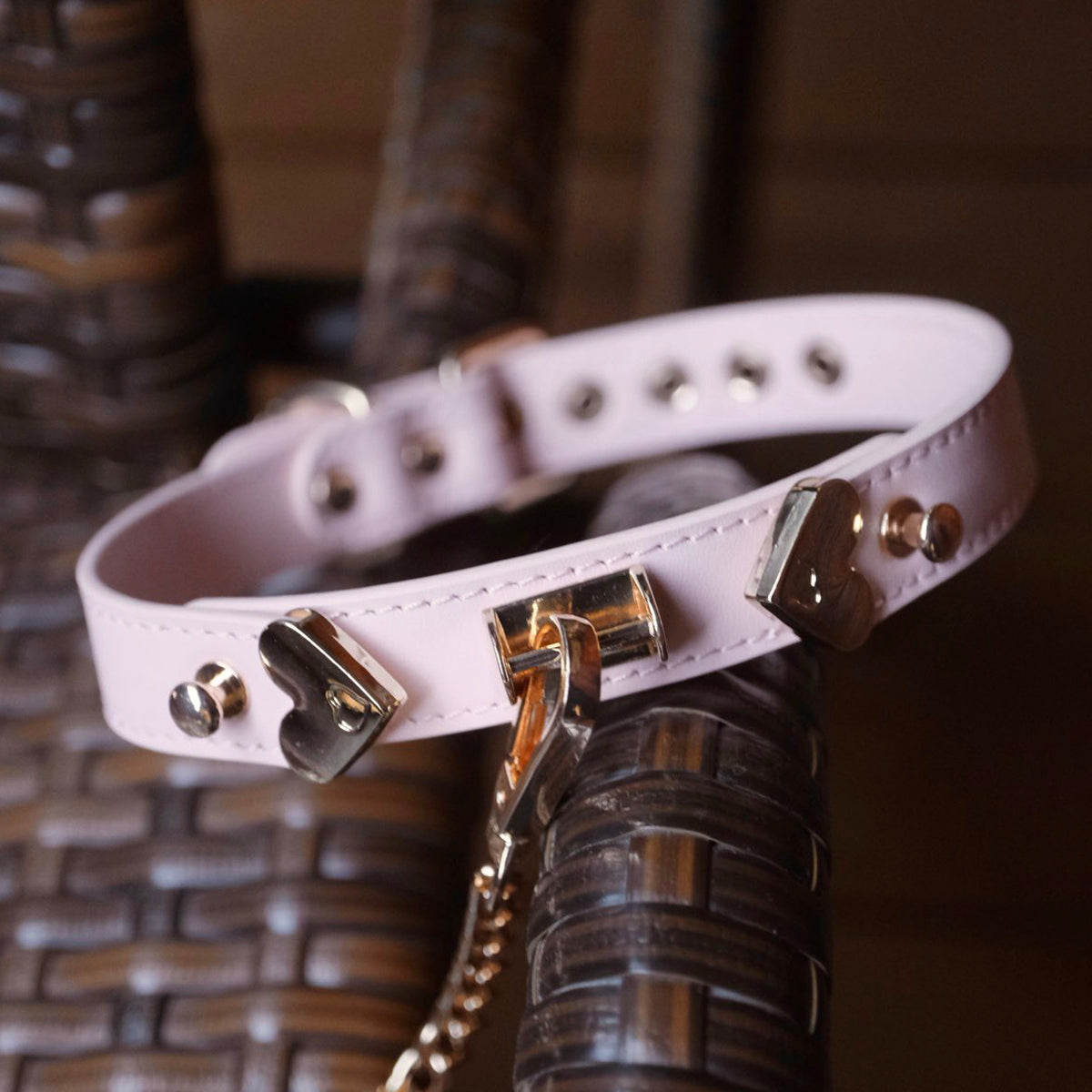 Light pink leather day collar with gold heart D-ring worn as fashion accessory