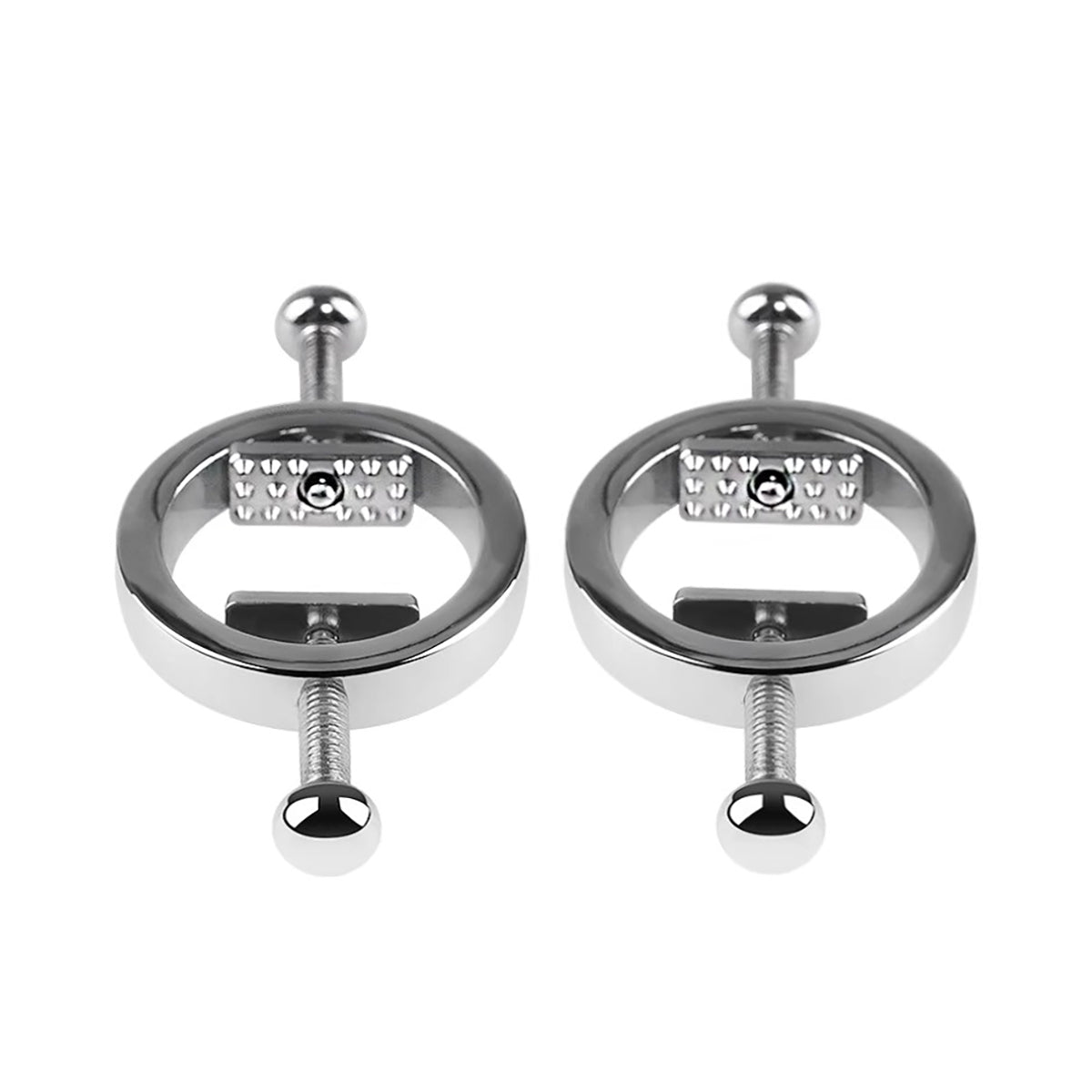 Close-up of heavy-duty screw-plate metal nipple clamps with adjustable pressure mechanism for professional BDSM play by Sexy Maker.