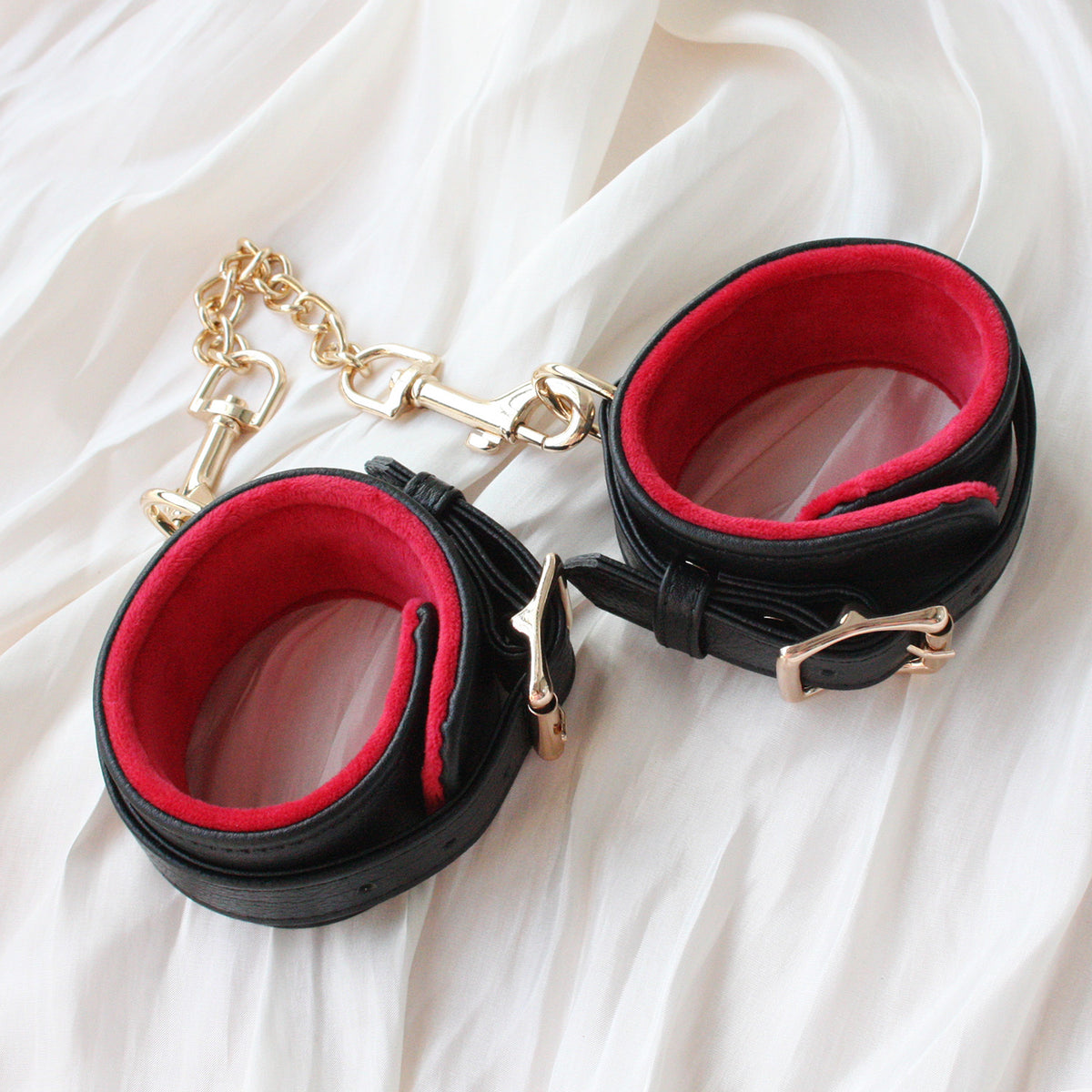 Premium Genuine Leather Wrist Cuffs with Soft Velvet Lining – Black & Red