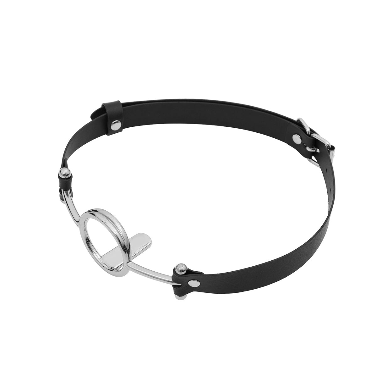Close-up of metal O-ring tongue depressor gag with black premium vegan leather straps for oral bondage and deepthroat training by Sexy Maker.