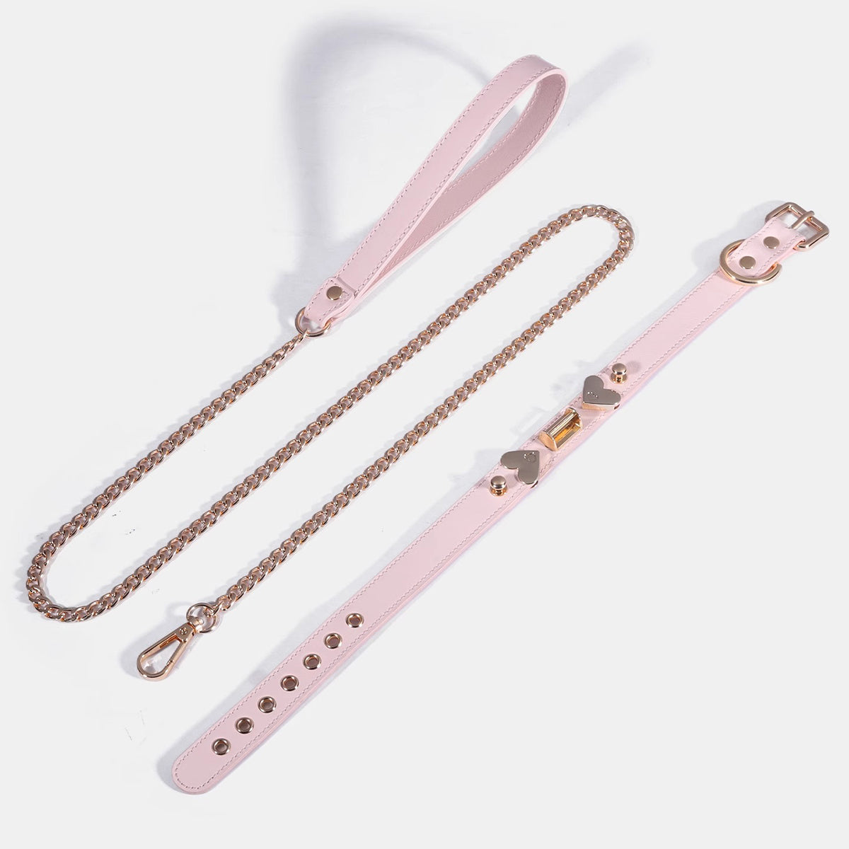 Blushing Devotion - Light Pink Leather Heart Hardware Collar & Leash Set