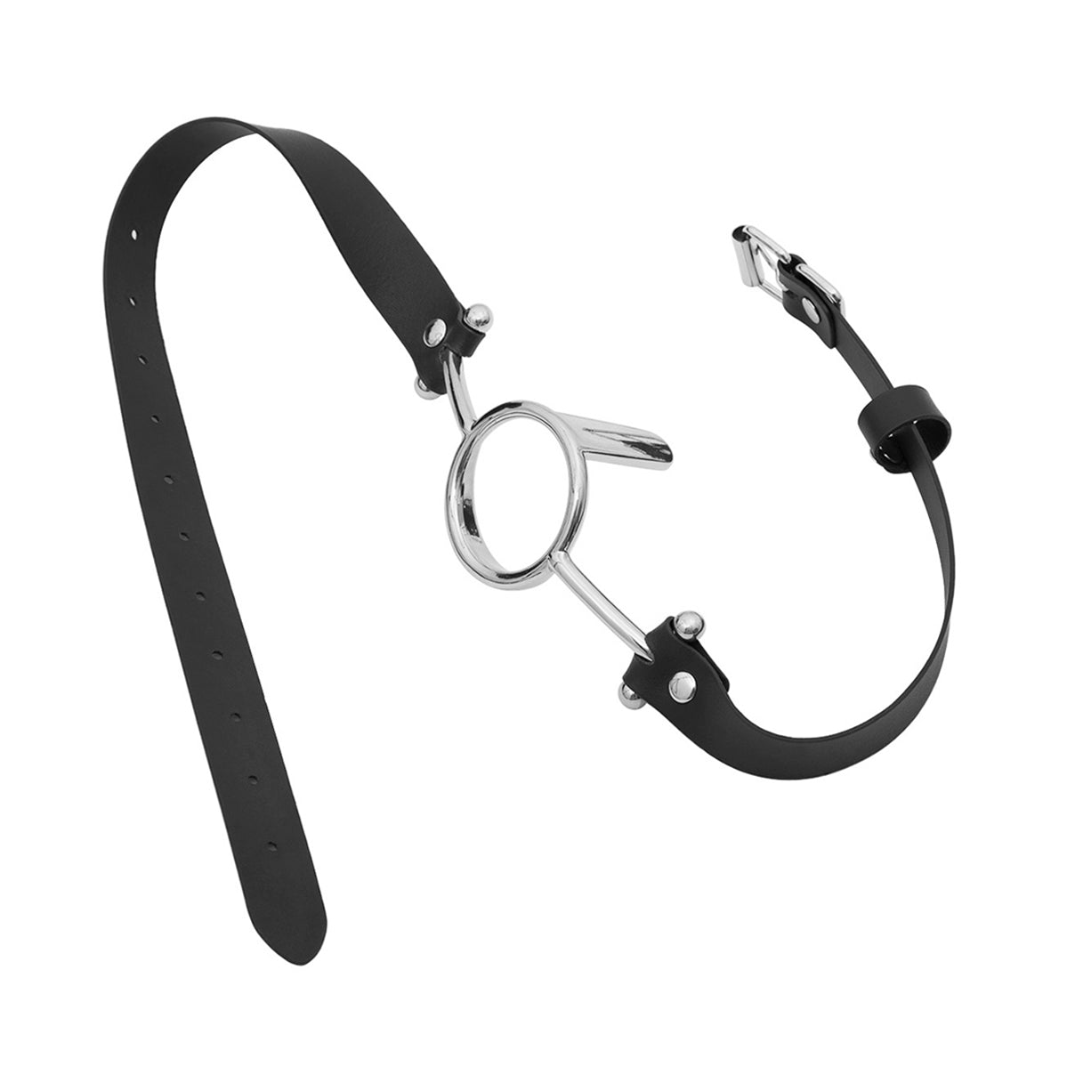 Close-up of metal O-ring tongue depressor gag with black premium vegan leather straps for oral bondage and deepthroat training by Sexy Maker.