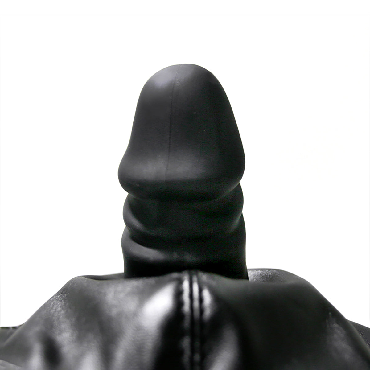 Black vegan leather fashion face mask with a hidden built-in silicone dildo gag for discreet public BDSM play by Sexy Maker.