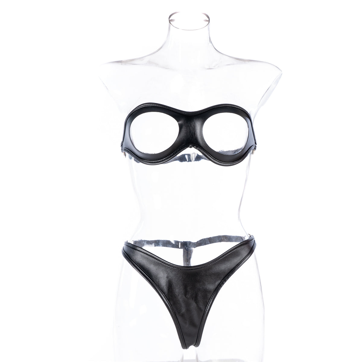 Open Bust PU Leather Bra & Sexy Thong 2 Piece Set Fetish Lingerie