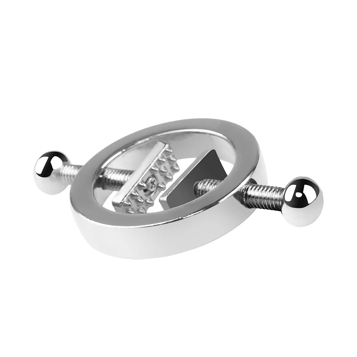 Close-up of heavy-duty screw-plate metal nipple clamps with adjustable pressure mechanism for professional BDSM play by Sexy Maker.