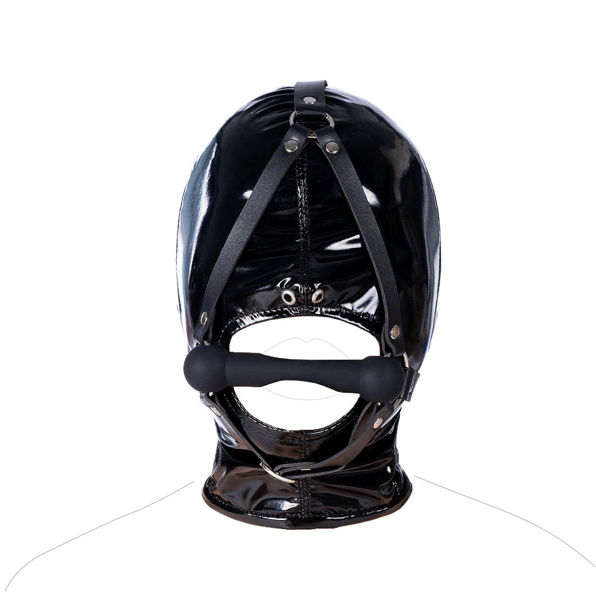 Aesthetics of Dominance - Glossy Enamel Full Head Bondage Hood with Silicone Bone Gag