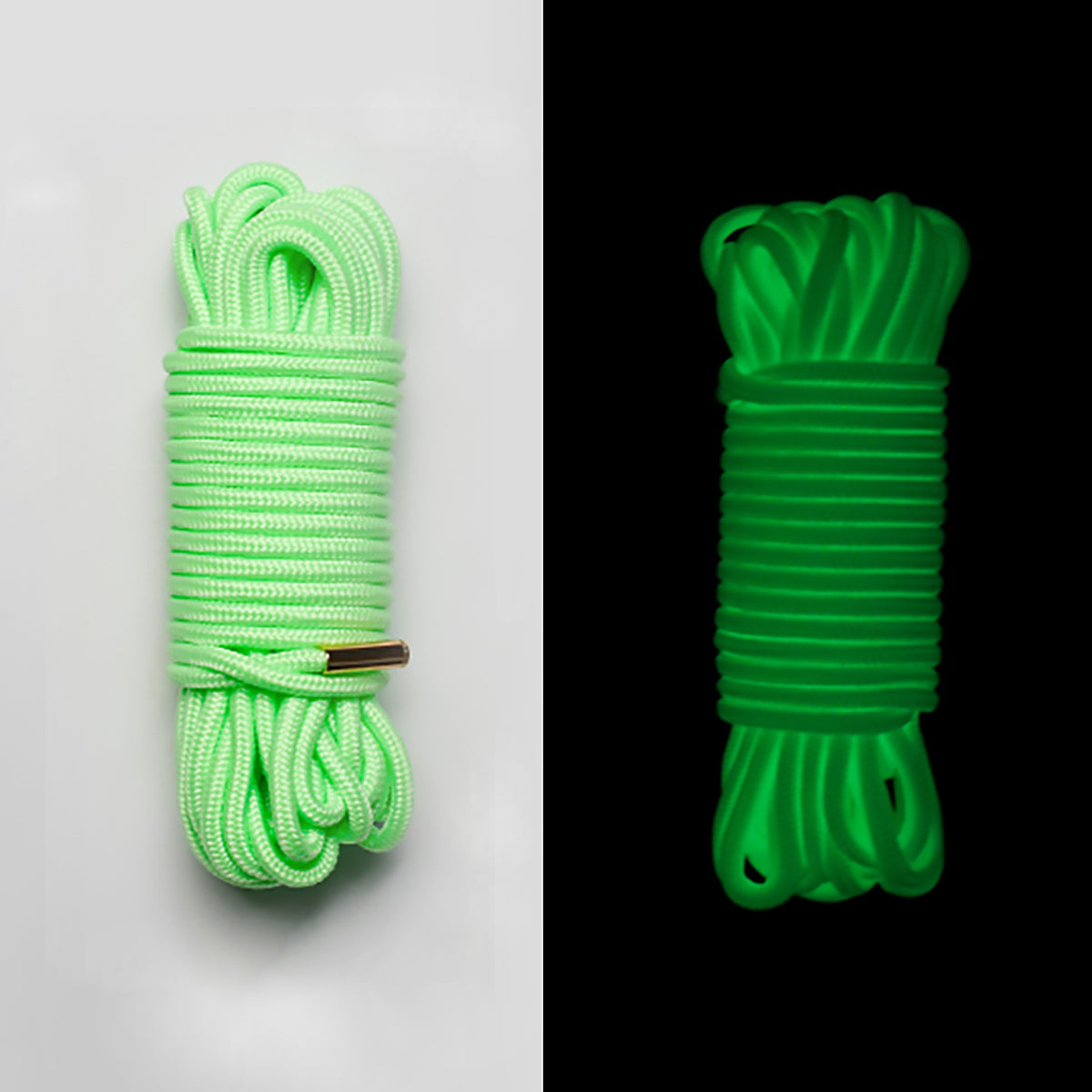 Close-up of neon green UV reactive Shibari bondage rope glowing brightly under blacklight for sensory rope play by Sexy Maker.