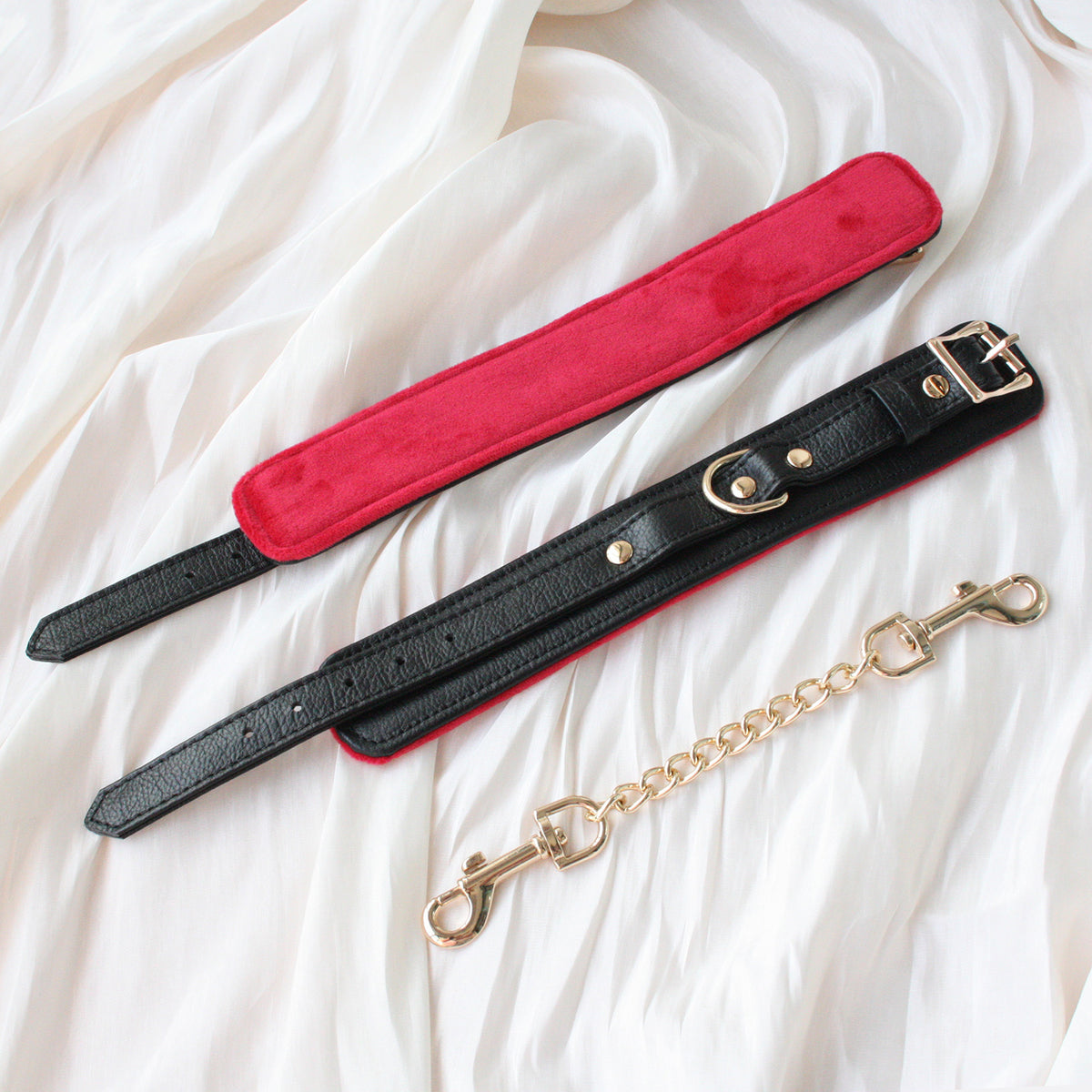 Premium Genuine Leather Wrist Cuffs with Soft Velvet Lining – Black & Red
