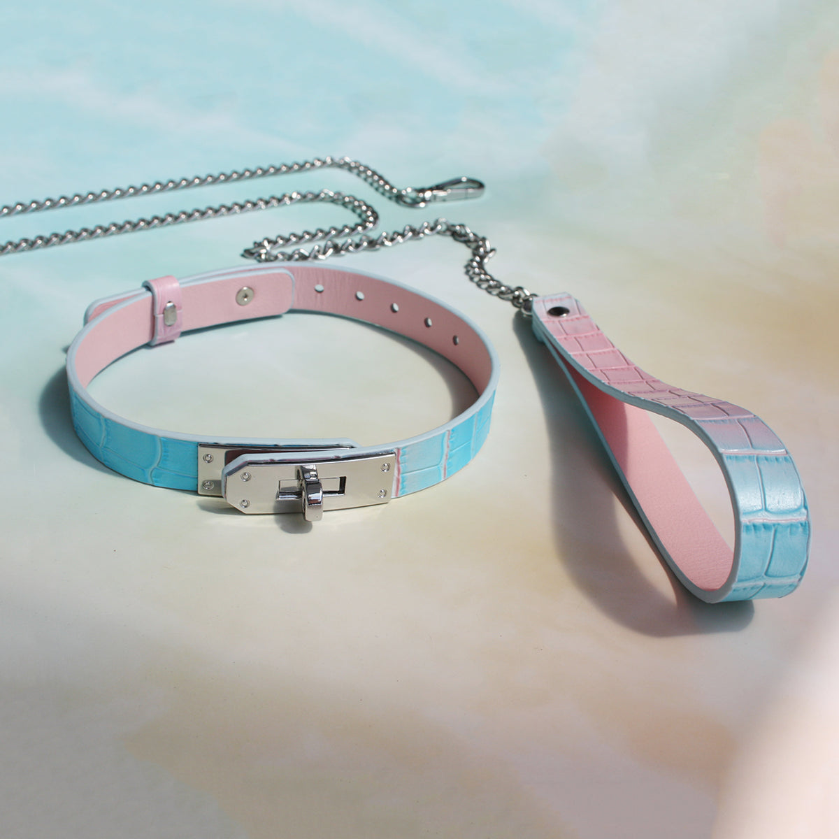 Blue-Pink Gradient Genuine Leather Restraint Collar with Lead