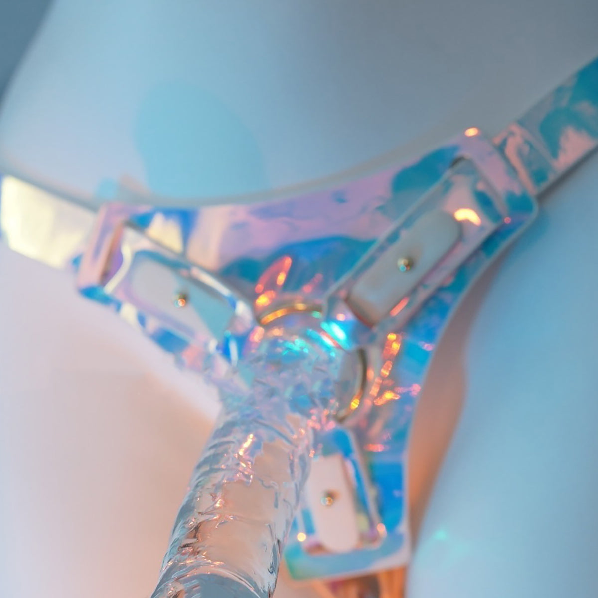 Stunning Aurora Blue PU Leather Strap on Harness with Clear Silicone Dildo