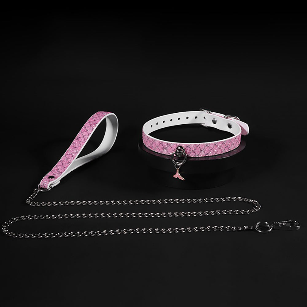 Luxury Mermaid Glow Genuine Leather BDSM Collar with Leash Pink