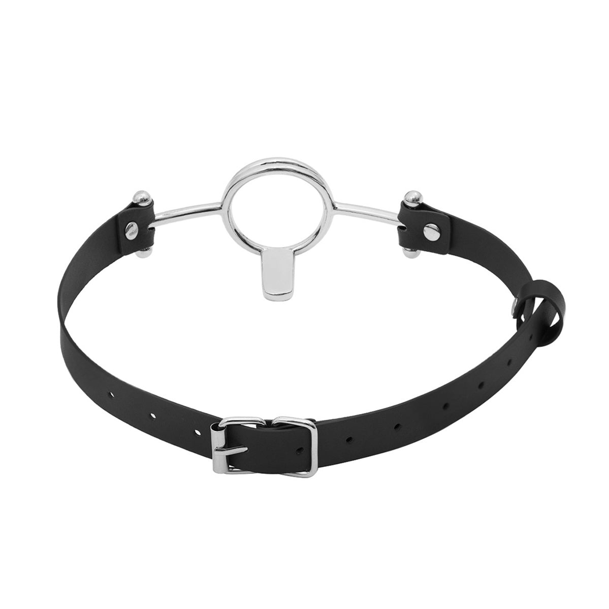 Close-up of metal O-ring tongue depressor gag with black premium vegan leather straps for oral bondage and deepthroat training by Sexy Maker.