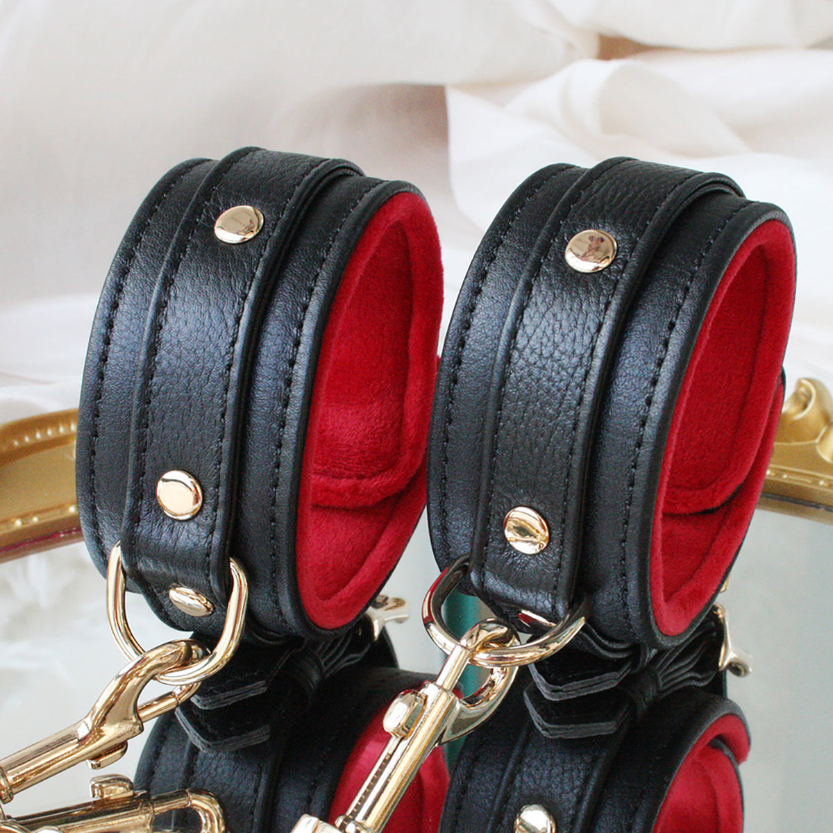Premium Genuine Leather Wrist Cuffs with Soft Velvet Lining – Black & Red