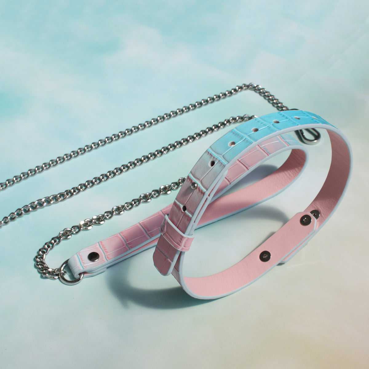 Blue-Pink Gradient Genuine Leather Restraint Collar with Lead