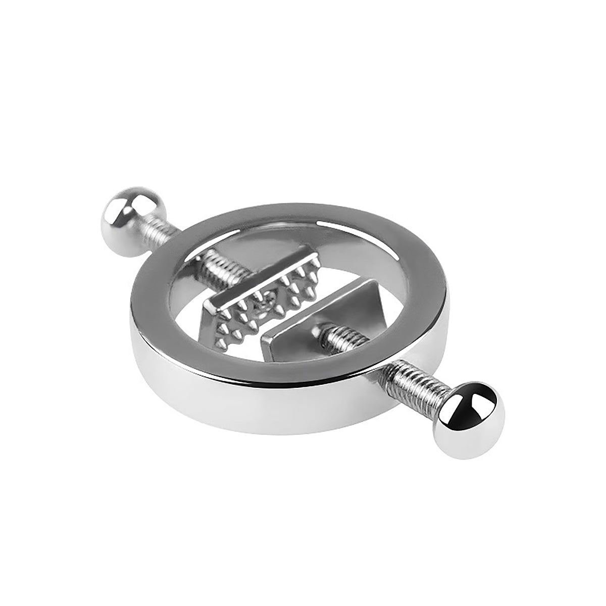 Close-up of heavy-duty screw-plate metal nipple clamps with adjustable pressure mechanism for professional BDSM play by Sexy Maker.