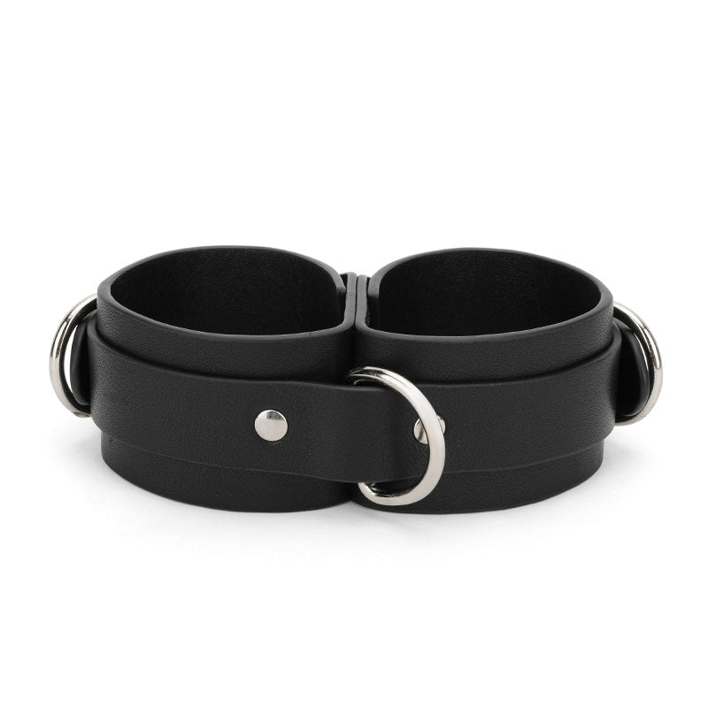 Minimalist Black Linked Faux Leather Wrist Cuffs with D-Ring