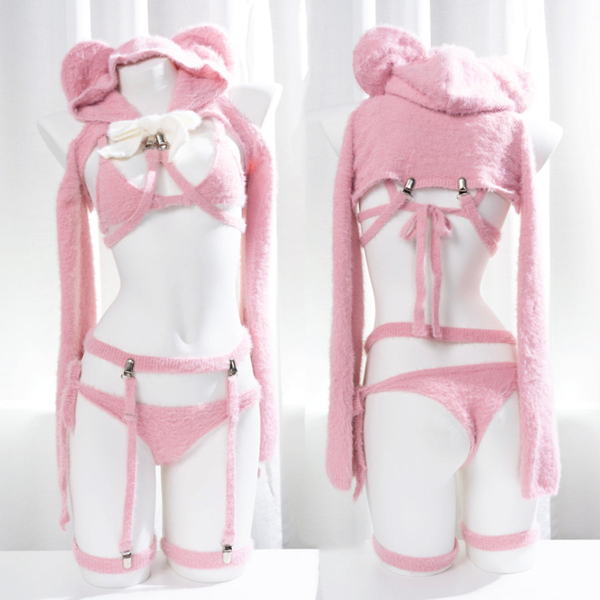 Cute Pink Soft Fluffy Fur Bikini Bear Cosplay Set