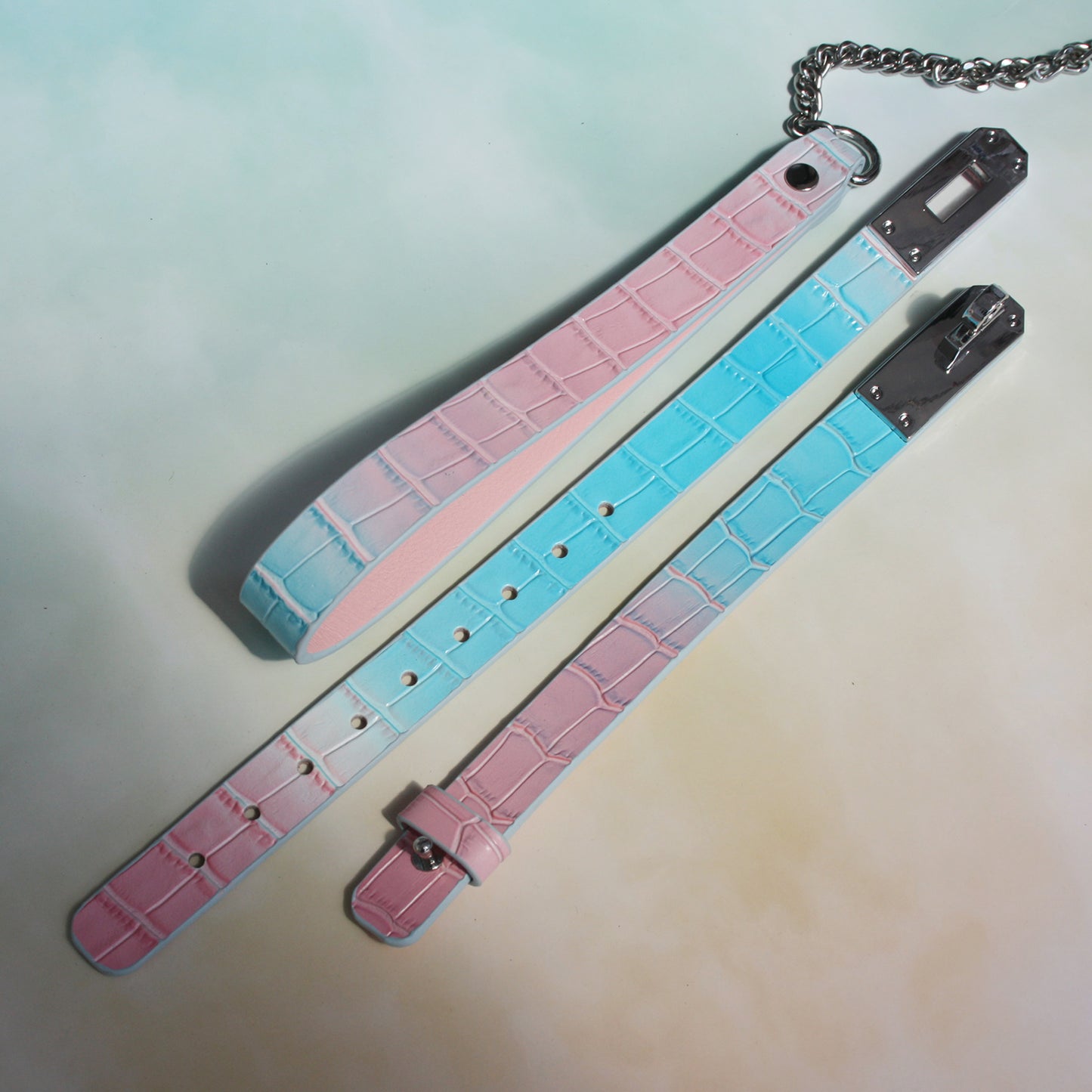 Blue-Pink Gradient Genuine Leather Restraint Collar with Lead